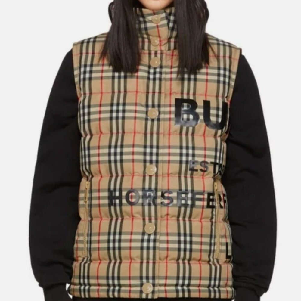 New Burberry Women Horseferry Vintage Check Down Puffer Vest, Beige Sz Small NWT